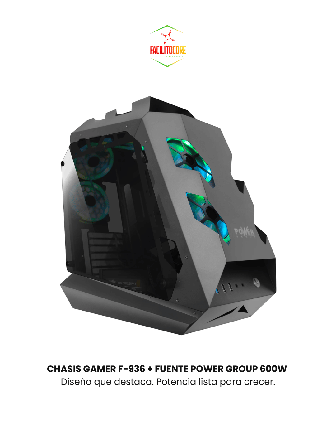 CHASIS GAMER F-936 + FUENTE POWER GROUP 600W 80 PLUS BRONZE
